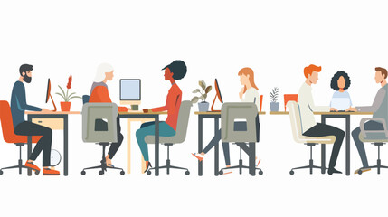 Men and women sitting at desk and standing in modern