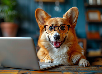 A Pembroke Welsh Corgi with a reddish-brown and white coat is sitting behind a laptop, wearing round glasses. The dog appears focused and attentive, as if its working or studying.