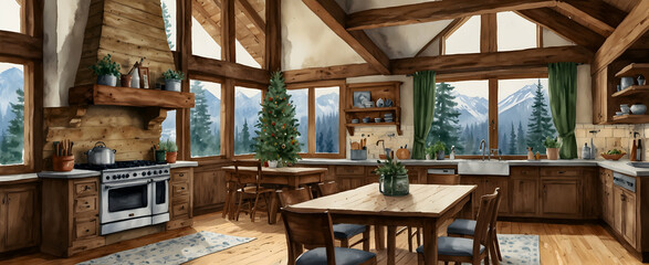 Watercolor hand drawing of cozy alpine lodge kitchen with woodsy accents and pinecone centerpiece, realistic interior design with nature concept