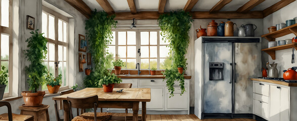 Fototapeta na wymiar Watercolor Bohemian Kitchen with Eclectic Patterns and Hanging Ivy for a Free-Spirited Culinary Journey - Realistic Interior Design and Nature Concept