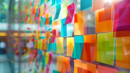 Colorful paper notes on glass wall. Office planning, creativity concept - obrazy, fototapety, plakaty