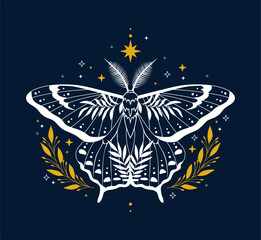 Vector illustration of moon moth. Blue and yellow colors. For print for T-shirts and bags, decor element. Mystical and magical, astrology illustration