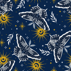 Magic celestial seamless pattern with butterflies. Boho magic background with space elements stars, butterflies. Vector doodle texture.