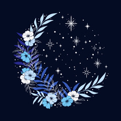 Beautiful blue magic crescent moon with flowers and leaves. Decorative boho elements. Greeting cards, invitations. Isolated vector illustration.