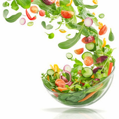 A salad is being thrown in the air, with vegetables and lettuce floating upwards against a white background. The bowl has no color on it, creating an abstract and colorful scene.