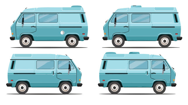 Mini van car set. Side front and back view. Vector 