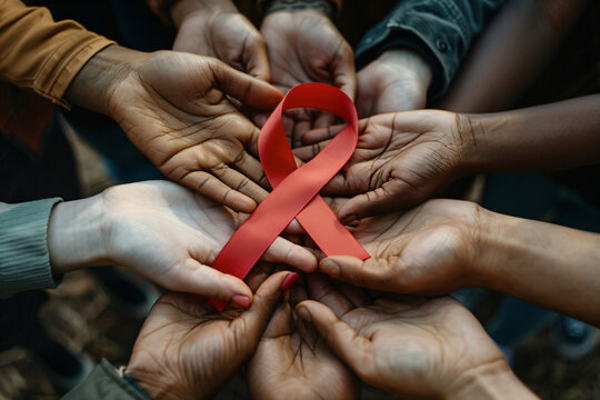 Diverse hands holding red ribbon as a symbol of HIV/AIDS awareness. World AIDS Day concept for unity, support, and remembrance. Design for healthcare campaigns and social awareness