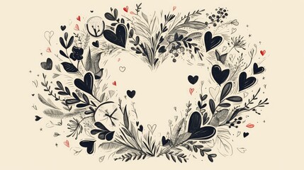 A charming hand drawn wreath featuring delicate hearts entwined in a whimsical black plant doodle design