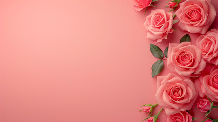 Beautiful floral composition with roses on a pink background, Generative AI