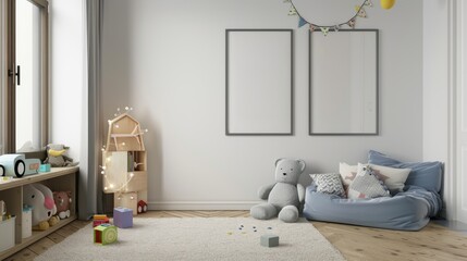 Fototapeta na wymiar A room with a teddy bear and a toy box. The room is empty and has a lot of space
