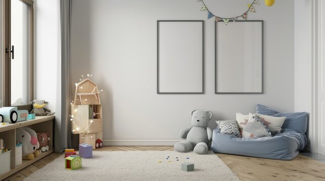 A room with a teddy bear and a toy box. The room is empty and has a lot of space