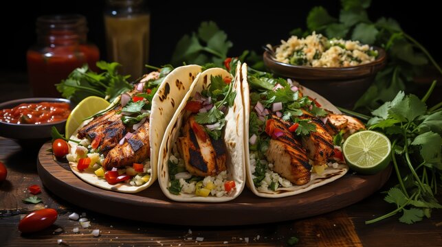 Dynamic image of a freshly made taco with spicy grilled chicken, vibrant salsa, and a sprinkle of cilantro, captured on a rustic wooden stall, ideal for Mexican cuisine promotions