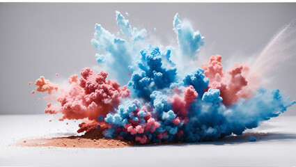 A blue and pink powder explosion on a white background

