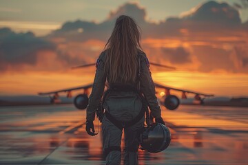 A female pilot in full gear walks towards her jet aircraft with the sunset in the background
