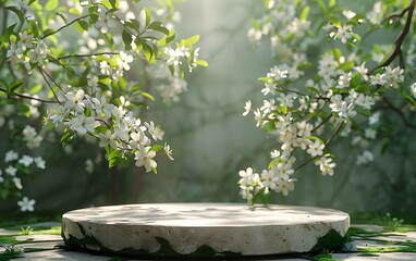 White marble table top with green leaves and sunlight