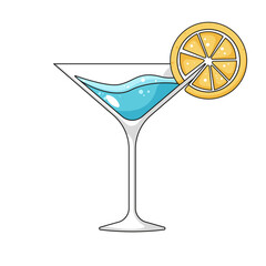Blue drink. Tasty fizzy drink, cocktail in a glass with yellow lemon. Vector illustration isolated on white background