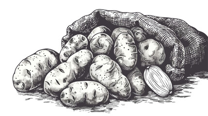 Monochrome drawing of potato tubers in burlap bag. Ha - obrazy, fototapety, plakaty