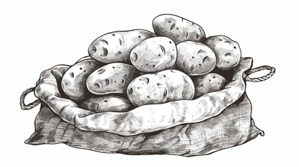 Monochrome drawing of potato tubers in burlap bag. Ha