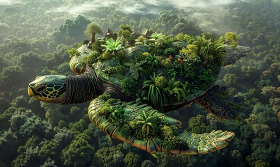 Craft a detailed digital rendering depicting a lush, vibrant rainforest ecosystem thriving on the back of a gigantic flying turtle, viewed from a birds-eye perspective CG 3D rendering, photorealistic - obrazy, fototapety, plakaty