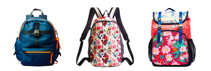 set of different stylish backpacks for teenagers, featuring bold colors and trendy patterns, isolated on transparent background