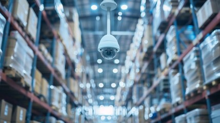 A network of surveillance cameras and motion sensors installed in a warehouse constantly monitoring for any suious activities that may pose a threat to the supply chain. .