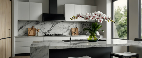 Modern Elegance: Watercolor Hand Drawing of a Contemporary Kitchen with Marble Accents and a Sleek Orchid, Creating a Sophisticated Minimalist Vibe in Realistic Interior Design with Nature - Stock Con