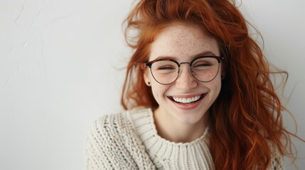 Obraz premium Freckled beauty with joyful eyes, ideal for natural beauty and positive living themes.