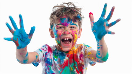 Colorful creativity, boy with painted hands, perfect for educational and art concepts.