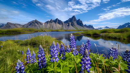 Stokksnes, Iceland with the Stordspecies of vestrahorn mountain in the background, a small lake and...