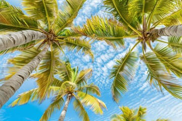 Fototapeta premium Sun-kissed palm fronds, great for showcasing outdoor adventures, beach resorts, or sunny climates.