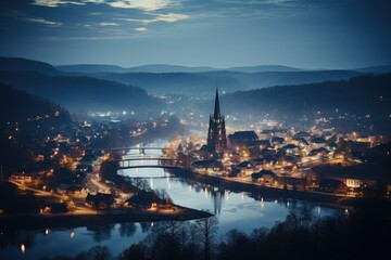 Naklejka premium Landscape view of the downtown skyline of a small town at night professional photography