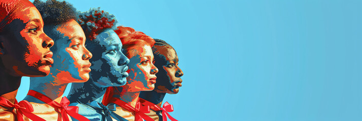 Row of diverse people with red ribbons against blue sky. HIV/AIDS awareness concept. World AIDS Day remembrance. Panoramic banner with copy space