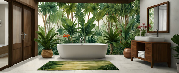 Tropical Oasis: Vibrant Watercolor Tropical Bathroom Escape with Teak Stool