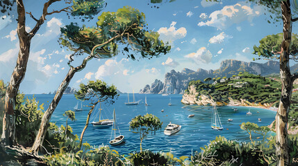 panoramic view of the sea with boats and Capri in the background, lush green pine trees on both sides of the water body, blue sky with a few clouds, the sea is azure - Powered by Adobe