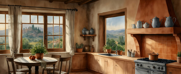 Obraz na płótnie Canvas Rustic Tuscan Kitchen with Terracotta Tiles and Olive Sprig, Watercolor Hand Drawing for Realistic Interior Design - Nature Photo Stock Construction Concept