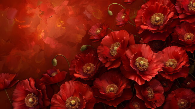 Dramatic sea of poppies on a red field, perfect for impactful artistic statements and decor.