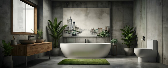 Fototapeta na wymiar Realistic Urban Oasis: Watercolor Hand Drawing of Chic City Sanctuary with Nature-Inspired Interior Design and Concrete Accents