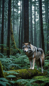 imposing and powerful wolf standing amidst the heart of a dense forest