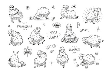 Yoga llama poses line doodle vector illustrations set. - 790001106