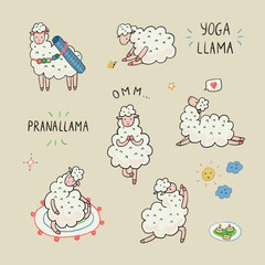 Fototapeta premium Yoga llama poses doodle vector illustrations set.