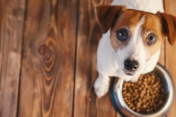 Top view of a brown and white dog sitting beside a stainless steel bowl filled with dog kibble on a wooden floor