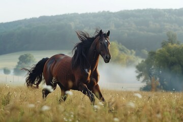 Galloping brown horse in a field