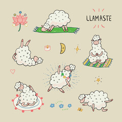 Yoga llama poses doodle vector illustrations set. - 790001133