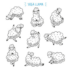 Yoga llama poses line doodle vector illustrations set. - 790001144