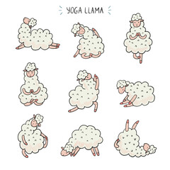 Yoga llama poses doodle vector illustrations set. - 790001147