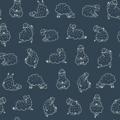 Obraz premium Yoga llama doodle line vector seamless pattern.
