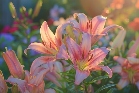 Lily flowers in a garden with a dark background