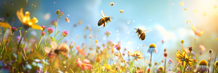 Bees flying in the air above flowers on a green meadow, during spring time in a nature landscape with bees and wildflowers on a sunny day. - Powered by Adobe