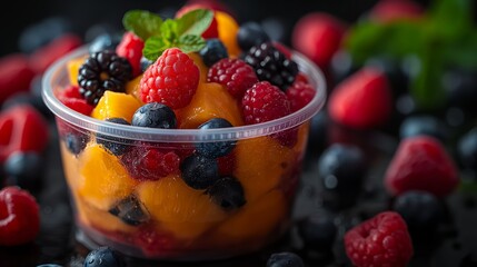Fresh and colorful assortment of fruit in a vibrant takeaway cup, set against a white background