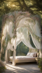 Luxurious bed in a natural arch with flowers and vines